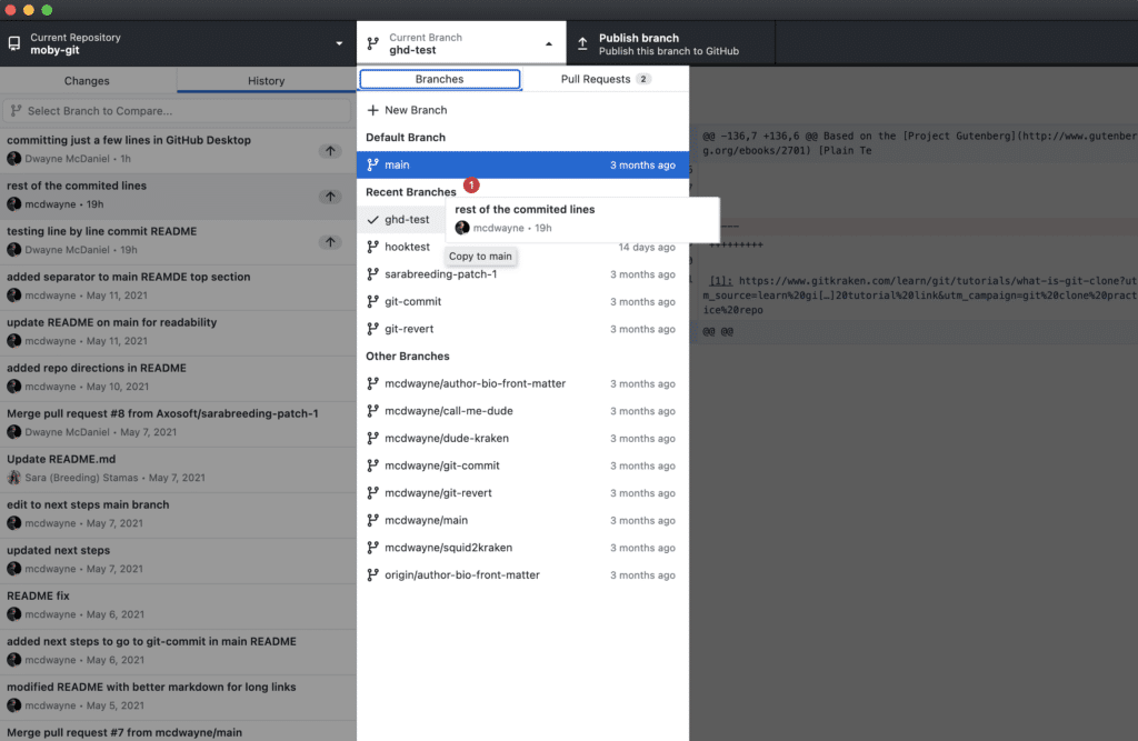 GitHub Desktop Drag and Drop cherry pick in action