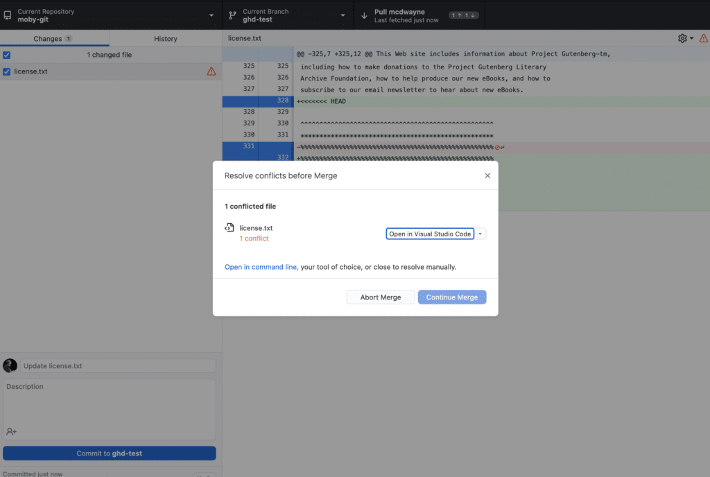 GitHub Desktop merge conflict editing options