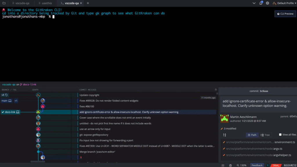 GitKraken CLI Terminal Tab with the Visualization Panel open