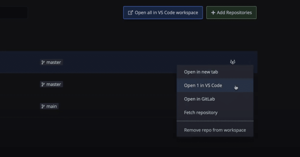 GitKraken Workspaces showing the options for opening repo in a new tab, IDE, or remote service