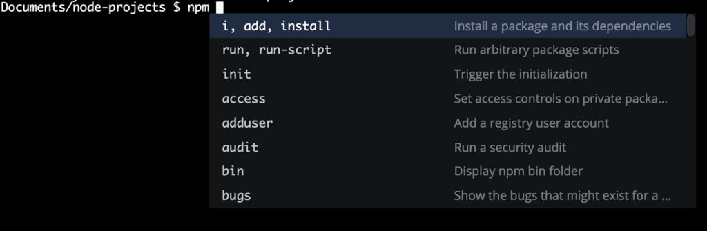 The GitKraken CLI showing npm auto-complete suggestions