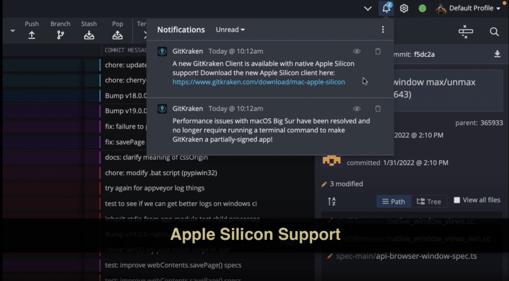 Apple silicon support notice in GitKraken Client