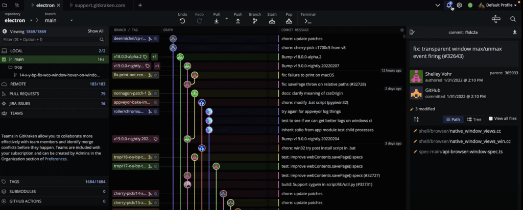 Example of custom graph colors now available in GitKraken Client custom themes