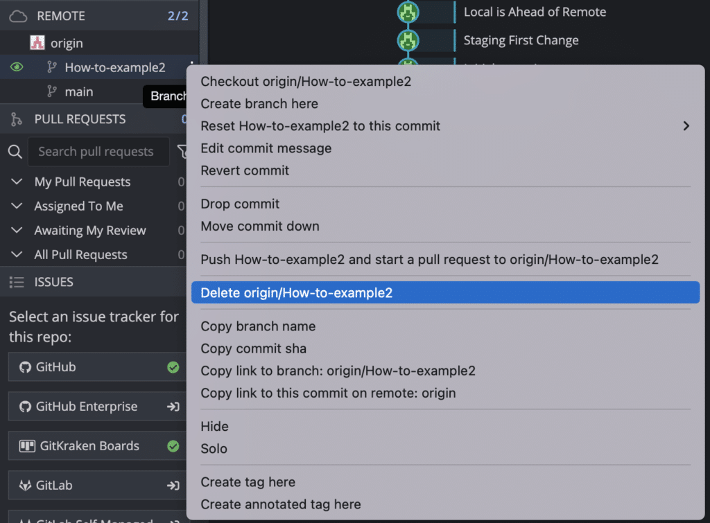 Image depicts the dropdown options available after right-clicking on a branch