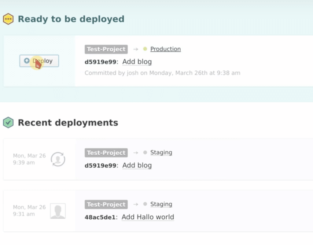DeployBot showing the project is ready to deploy code
