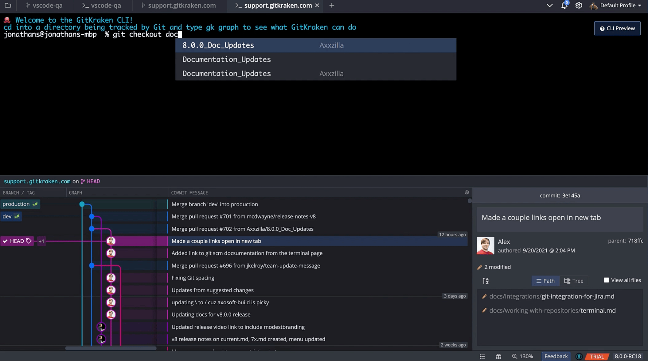 GitKraken Client’s CLI as well as the commit graph and diff view below the terminal.