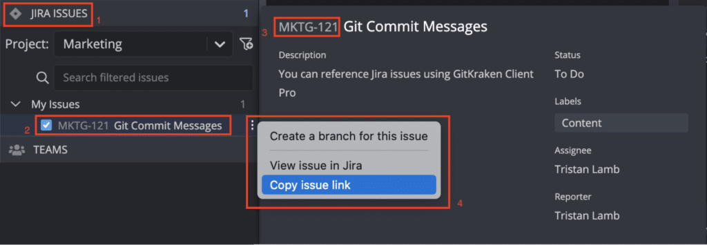 GitKraken UI showing how to link to a Jira Issue
