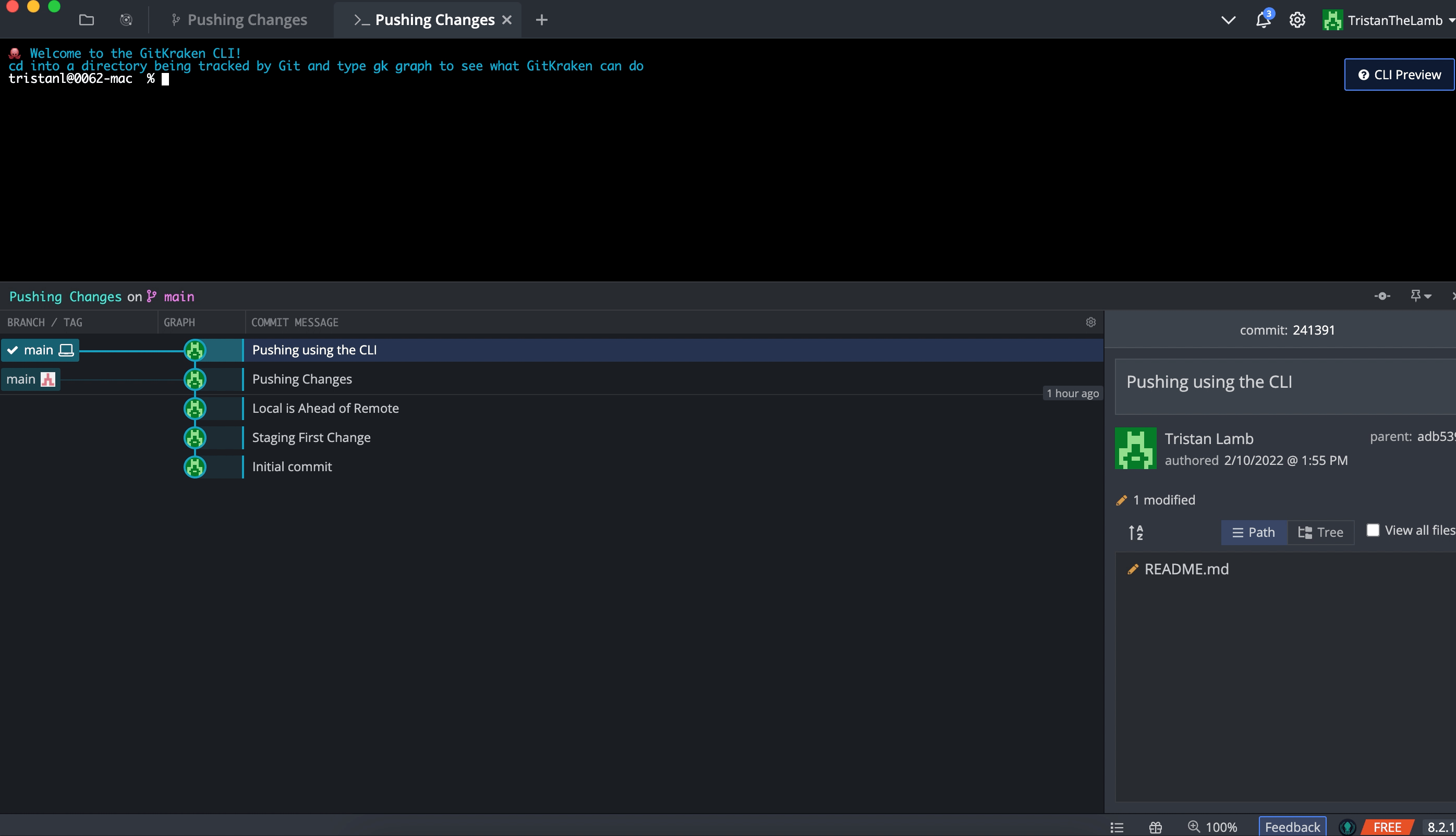 Short looping video depicts the process of pushing from GitKraken Client's CLI
