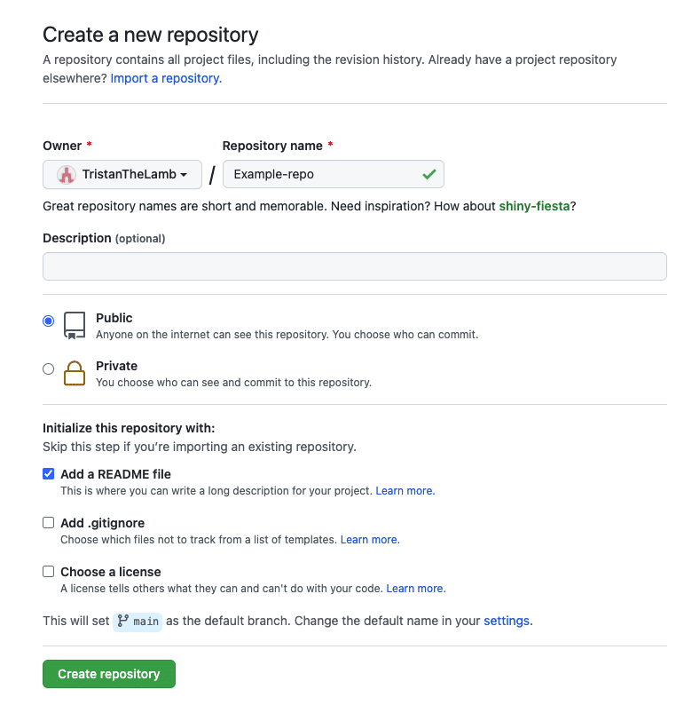 A new GitHub remote repository being created
