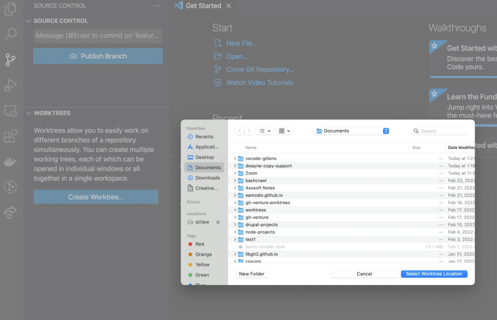 GitLens Worktree add process asking users to select a folder from their file system