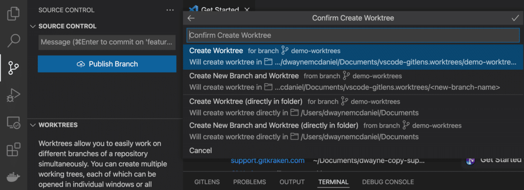 GitLens Worktree showing the 4 workflow options from the Confirm Create Workflow menu.