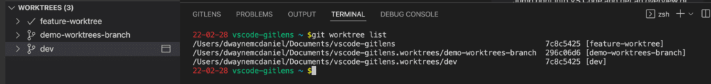 GitLens Worktree showing the newly added demo-worktree-branch worktree entry and confirming using git worktree list