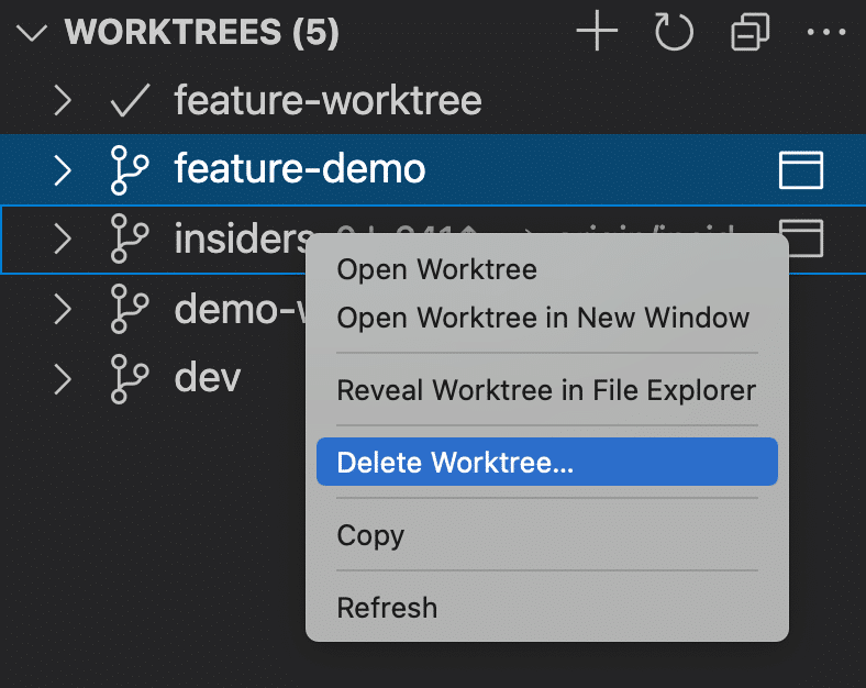 GitLens Delete Worktree… option being selected from the alt-click menu