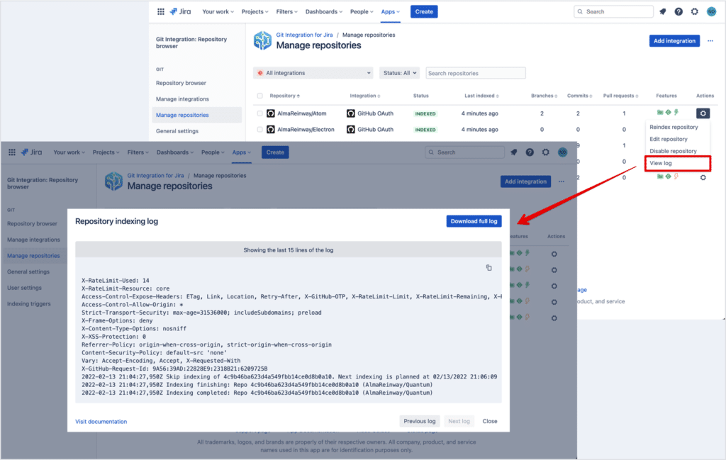 Viewing a Repository indexing log in Git Integration for Jira Cloud