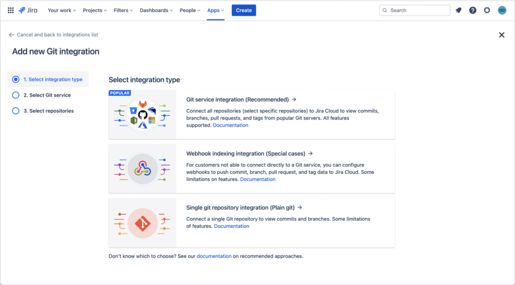 The new "wizard" tool in Git Integration for Jira allows you to quickly set up integrations and add Git repositories