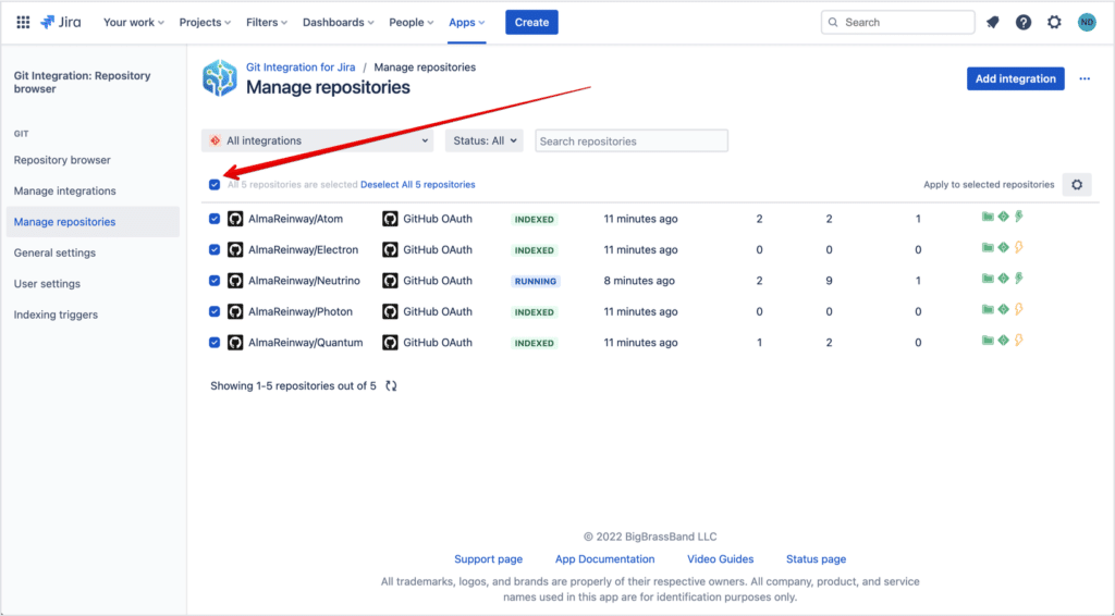 Multi-select repositories from the "Manage repositories" dashboard in Git Integration for Jira Cloud