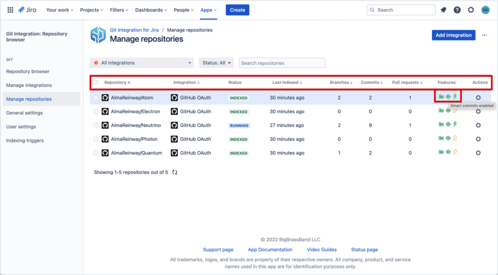 New settings have been added to the "Manage repositories" dashboard in Git Integration for Jira Cloud