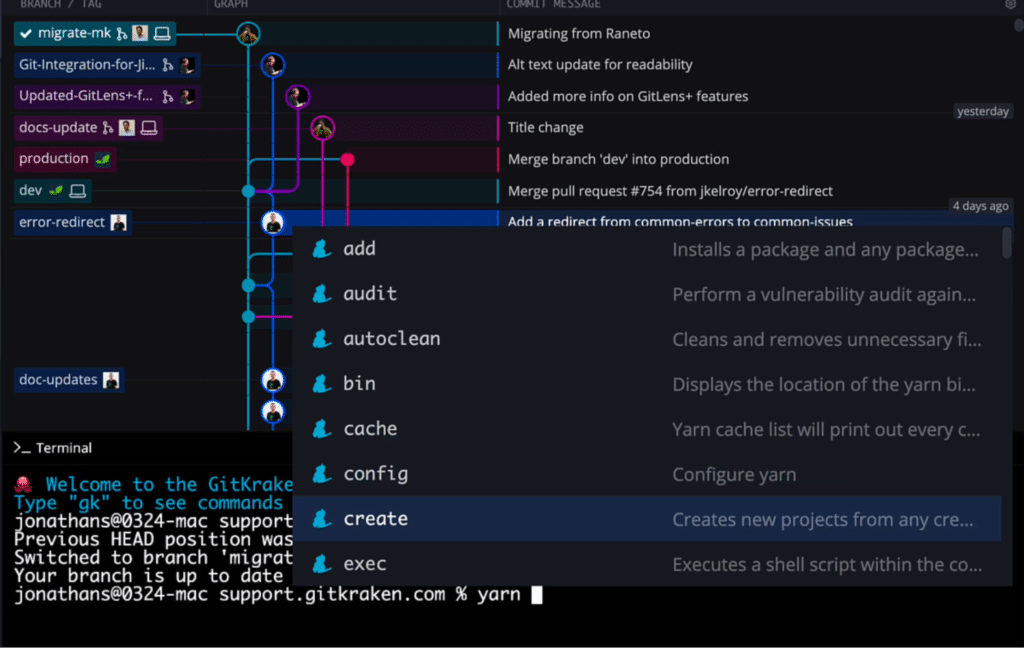GitKraken Yarn icons shown beside CLI autocomplete suggested Yarn commands