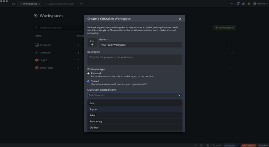 New Sharing options for teams in GitKraken Client Workspaces creation workflow