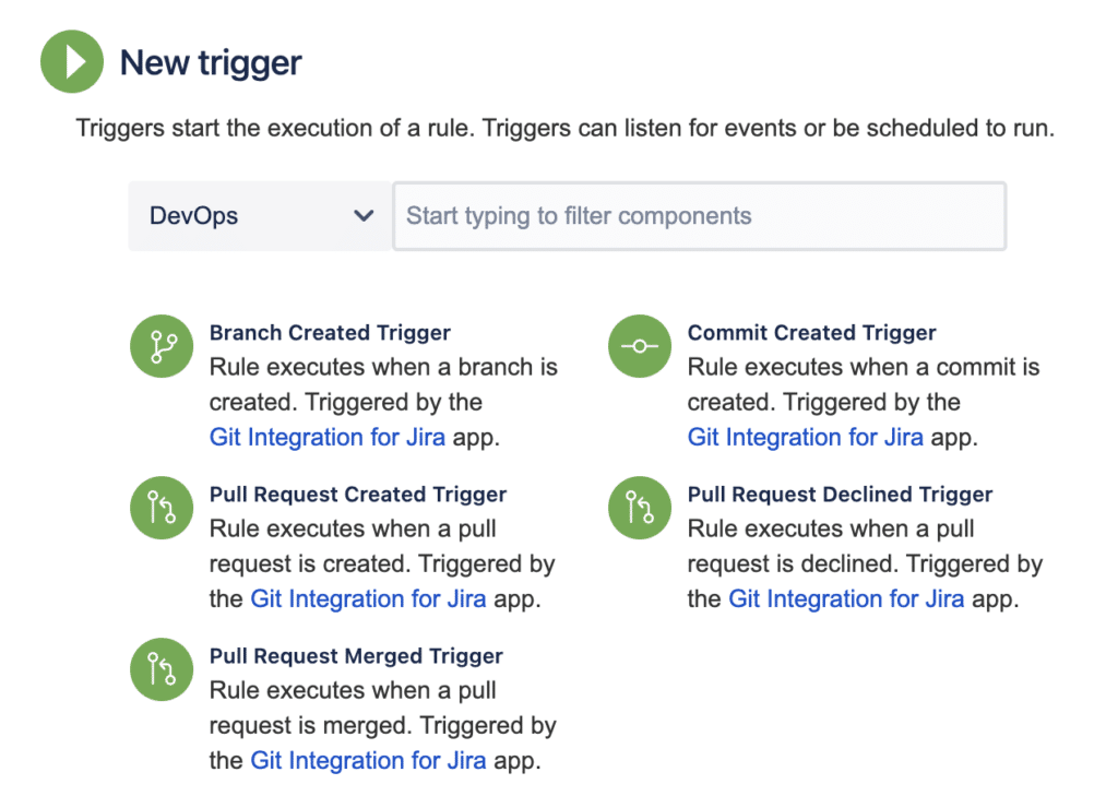 Image shows automation for Jira triggers in Git Integration for Jira for creating branches, pull requests, and commits.