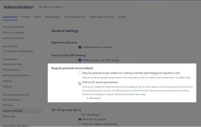 Image shows Git Integration for Jira requiring a personal access token for the GitHub Jira integration