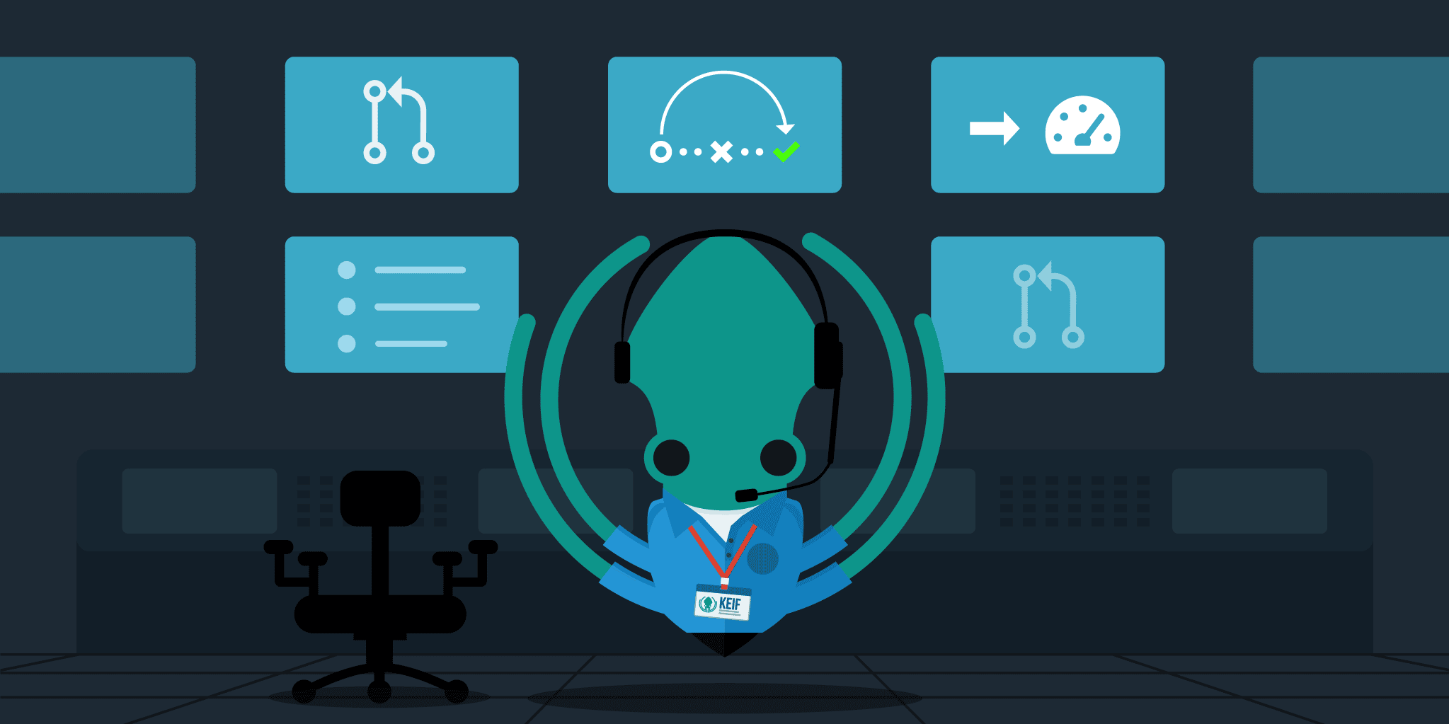 Image shows the GitKraken Kraken mascot in a control room