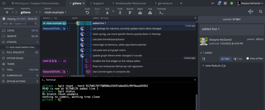 Running git reset –hard dbbf8ad2 in the terminal and then running a Git Status to show there is nothing modified in either staged or unstaged states. Using GitKraken CLI.
