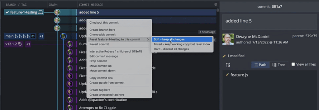 GitKraken Client showing the Git Reset menu and selecting the Soft option.