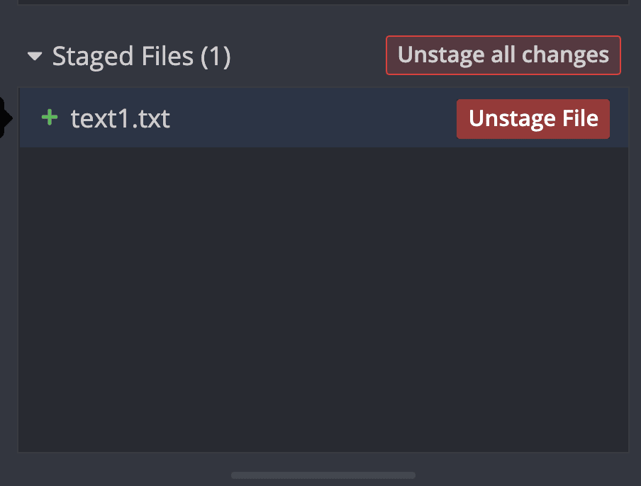 The Unstage file button for a single file called text1.txt in GitKraken Client.