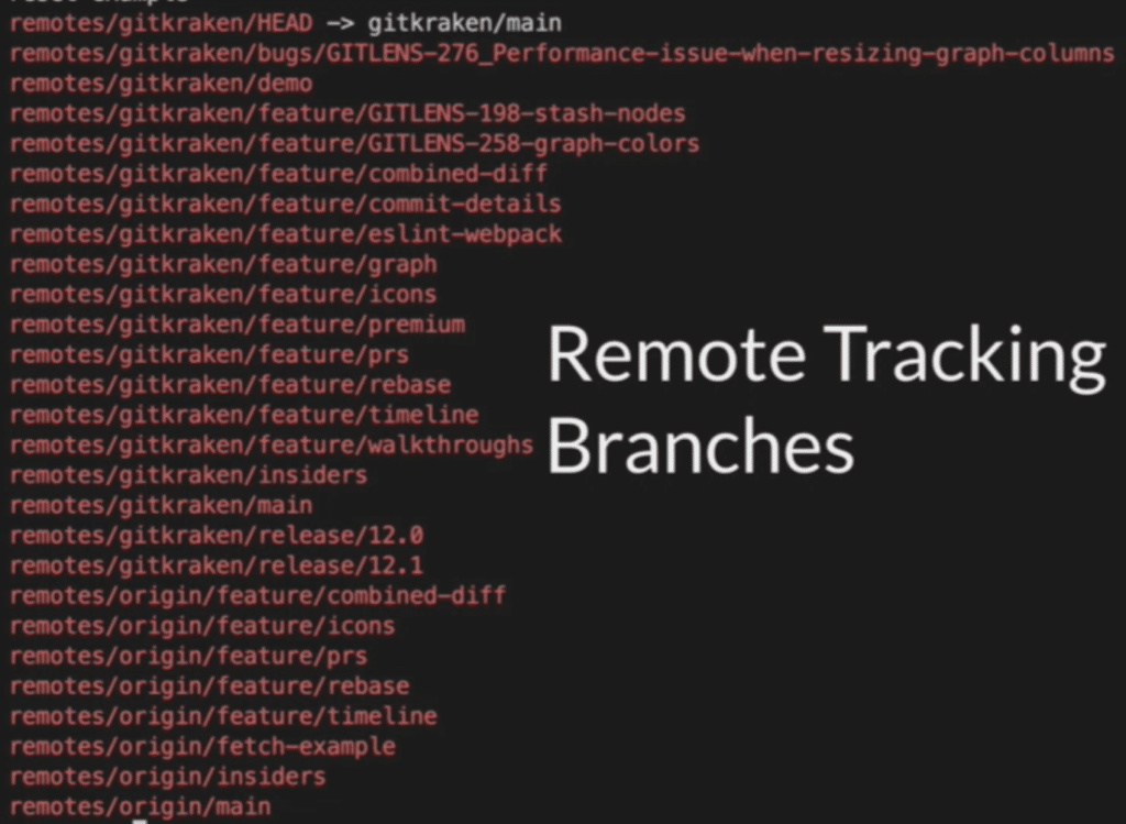 A list of remote tracking branches shown from running the command: git branch -a.